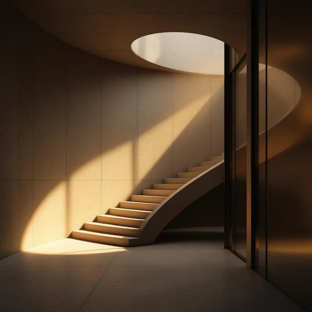 Spiral staircase in a sunlit modern interior — the Anixeo studio backdrop